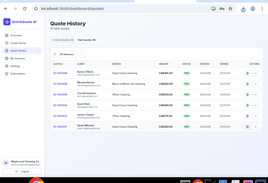 QuickQuote AI quote history showing paid quotes with client names, services, amounts, and status tracking